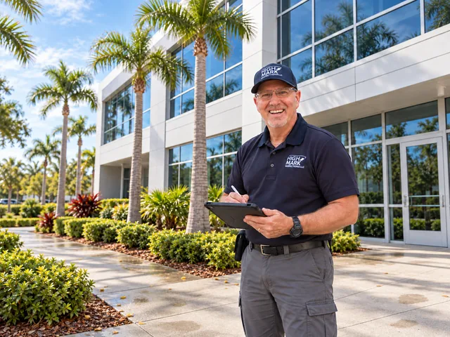 Commercial inspector reviewing a modern commercial building with a tablet