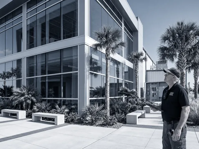 Commercial inspector reviewing a modern commercial building with a tablet